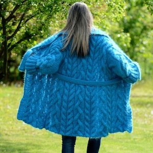 MADE to ORDER Hand Knit Mohair Shawl Coat Cardigan Turquoise Fuzzy Sweater Jacket by EXTRAVAGANTZA