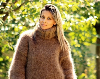 Hand Knitted  Mohair Sweater BROWN Mix Fuzzy Turtleneck Jumper Pullover Jersey by Extravagantza