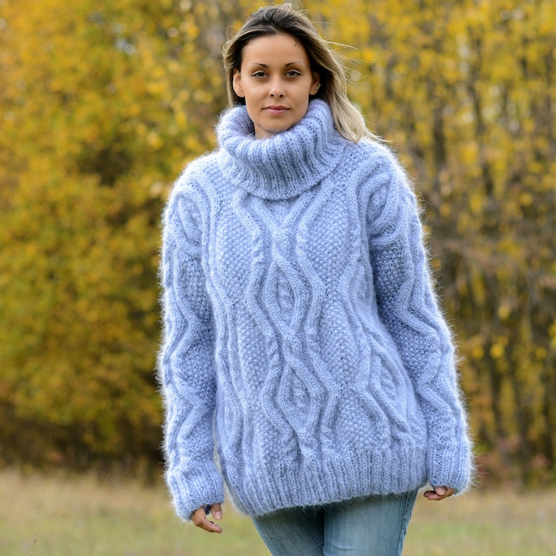 Cable Hand Knitted Mohair Sweater Light Blue Color Fuzzy | Etsy