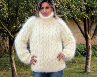 Mohair Sweater, Hand Knitted Turtleneck Jumper, Cable Off White Hand Made Fuzzy Pullover Jersey by Extravagantza