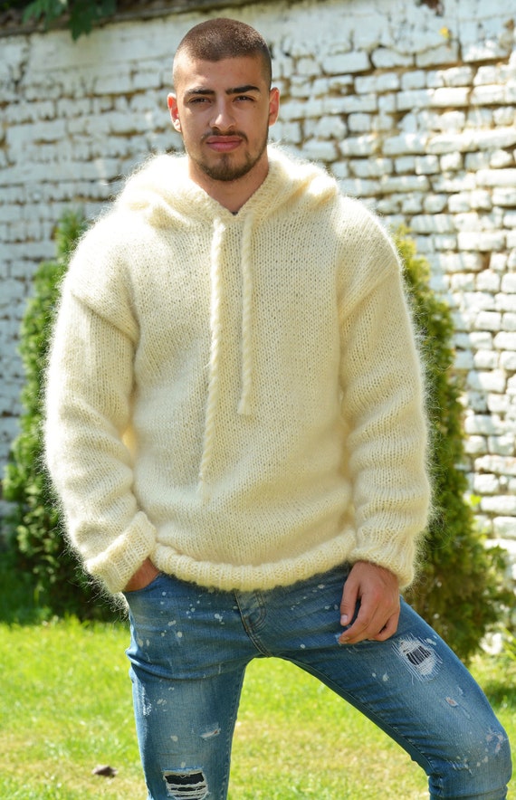 Hand Knit Mohair Sweater WHITE Fuzzy 