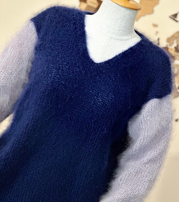 Light Hand Knit Mohair Sweater, Navy Blue Fuzzy Crew Neck Jumper
