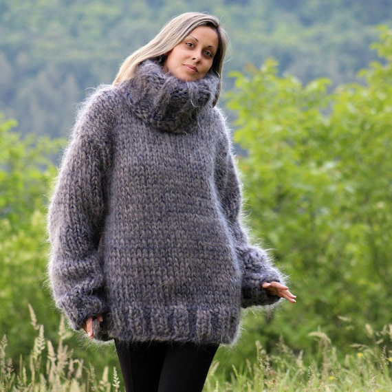 Hand Knitted Mohair Sweater With Turtleneck, Soft Jumper, Gray