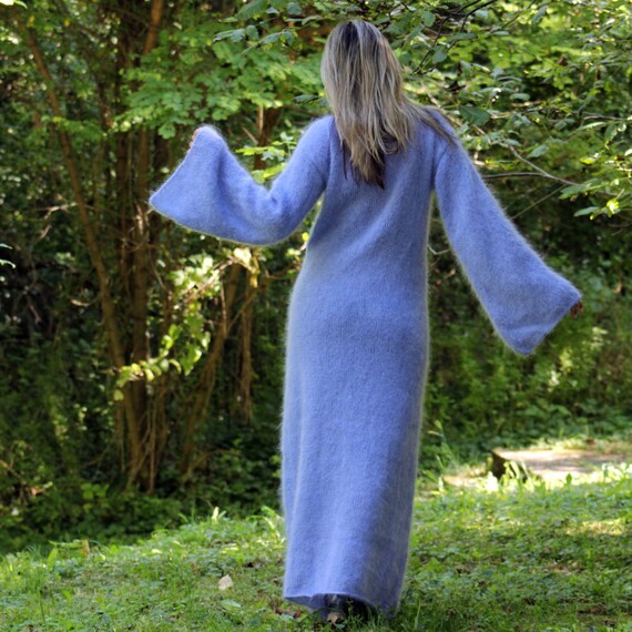 Sweater Dress, Hand Knitted Mohair Slouchy Fuzzy Long Fetish Dress Blue  With Bell Sleeves by EXTRAVAGANTZA - Etsy