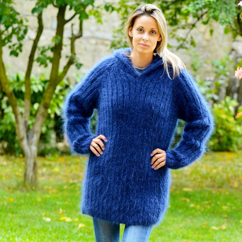 Hand Knitted Mohair Sweater Navy BLUE Fuzzy Jumper Hooded | Etsy