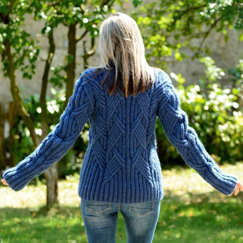 Thick Cable Hand Knit 100% WOOL Turtleneck Sweater Denim Blue Fuzzy Jumper Jersey by Extravagantza image 4
