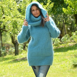 Cowl neck Sweater, Hand Knitted Mohair Pullover, Turtleneck Blue Fuzzy Jumper Jersey by EXTRAVAGANTZA image 5