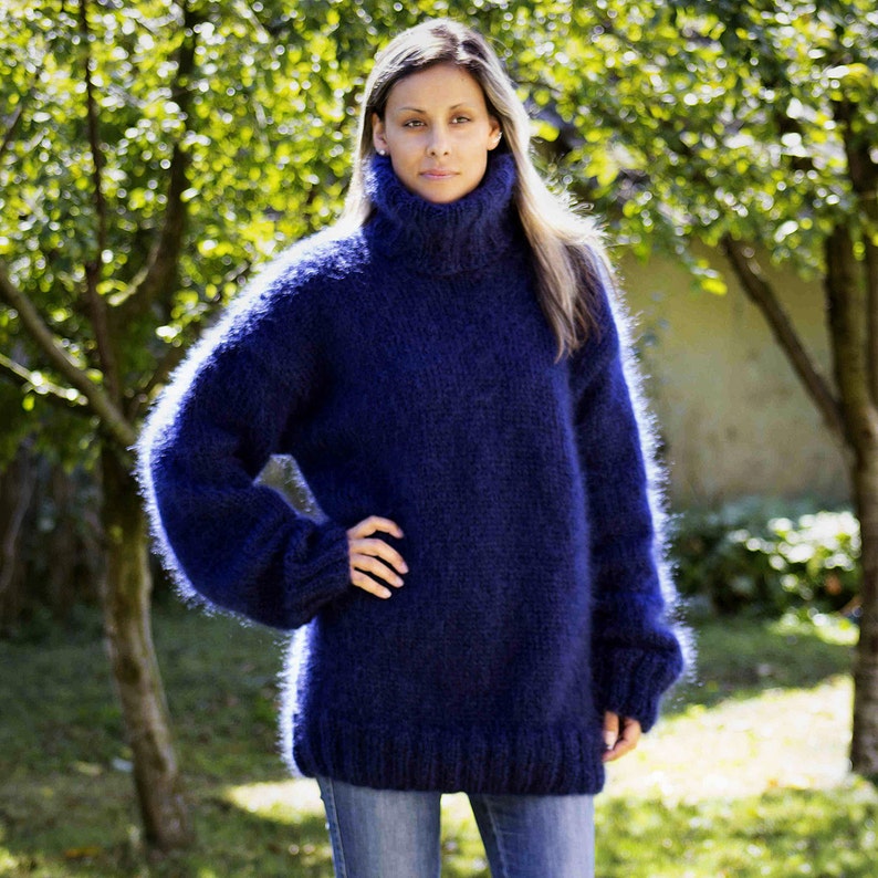 Hand Knitted Mohair Sweater Dark BLUE Fuzzy Turtleneck Jumper Pullover Jersey by Extravagantza MADE to ORDER image 1