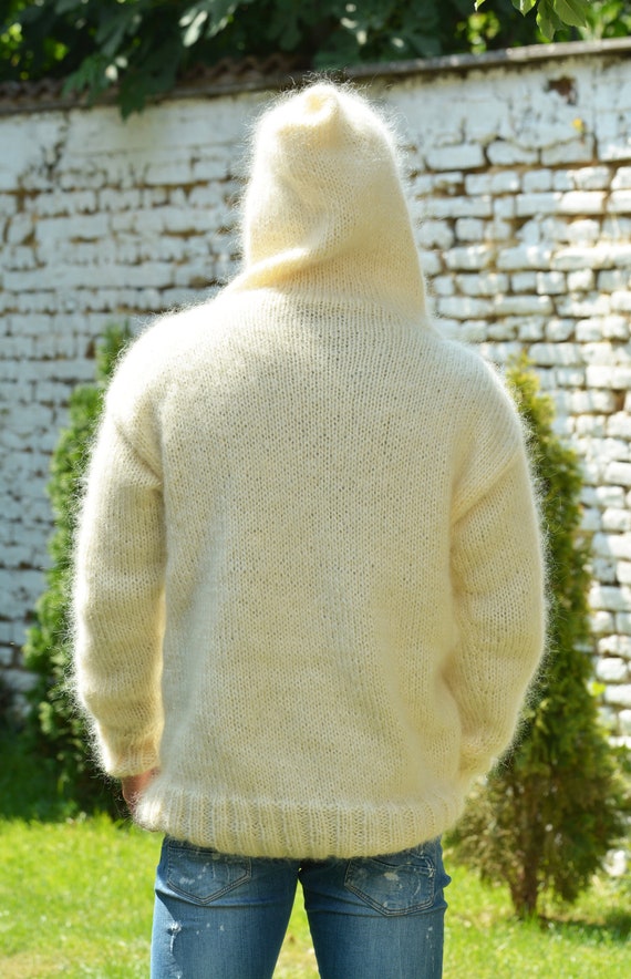 Hand Knit Mohair Sweater WHITE Fuzzy 