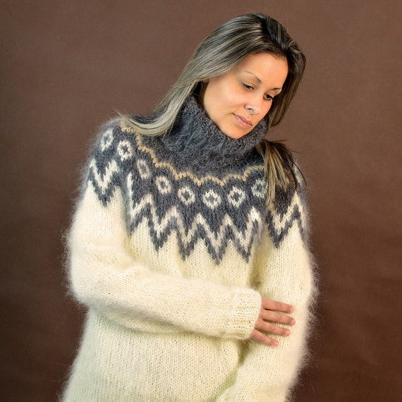 Wool Turtleneck Sweater, Cable Hand Knitted Jumper, Light Grey Fuzzy Jersey  by Extravagantza 