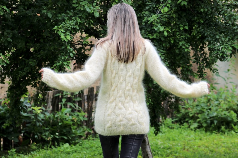 Hand Knit Mohair Sweater Cable Extra Thick WHITE Fuzzy Jumper - Etsy