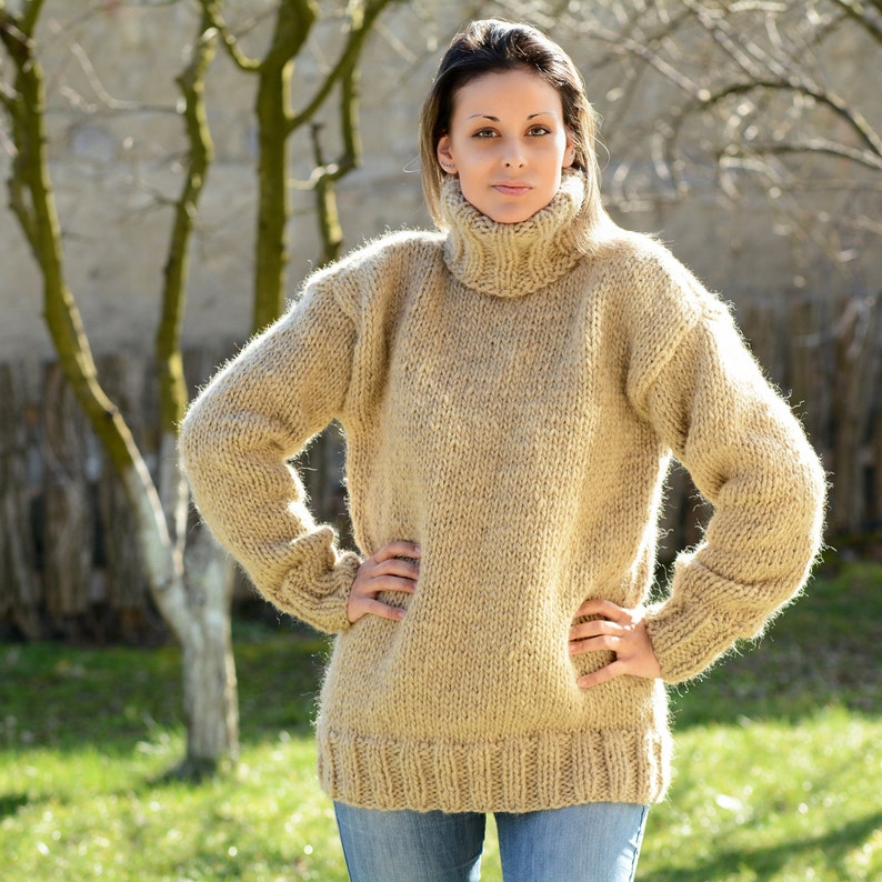 Hand Knitted Pure Wool Sweater Beige Soft Turtleneck Jumper - Etsy