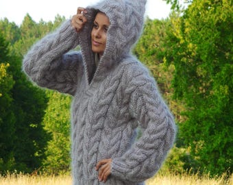Extra dicker Handgestrickter Pullover, Grauer Mohair Strick, Fuzzy Winter  Pullover, Warme Kapuze MADE TO ORDER Zopfmuster Hoodie