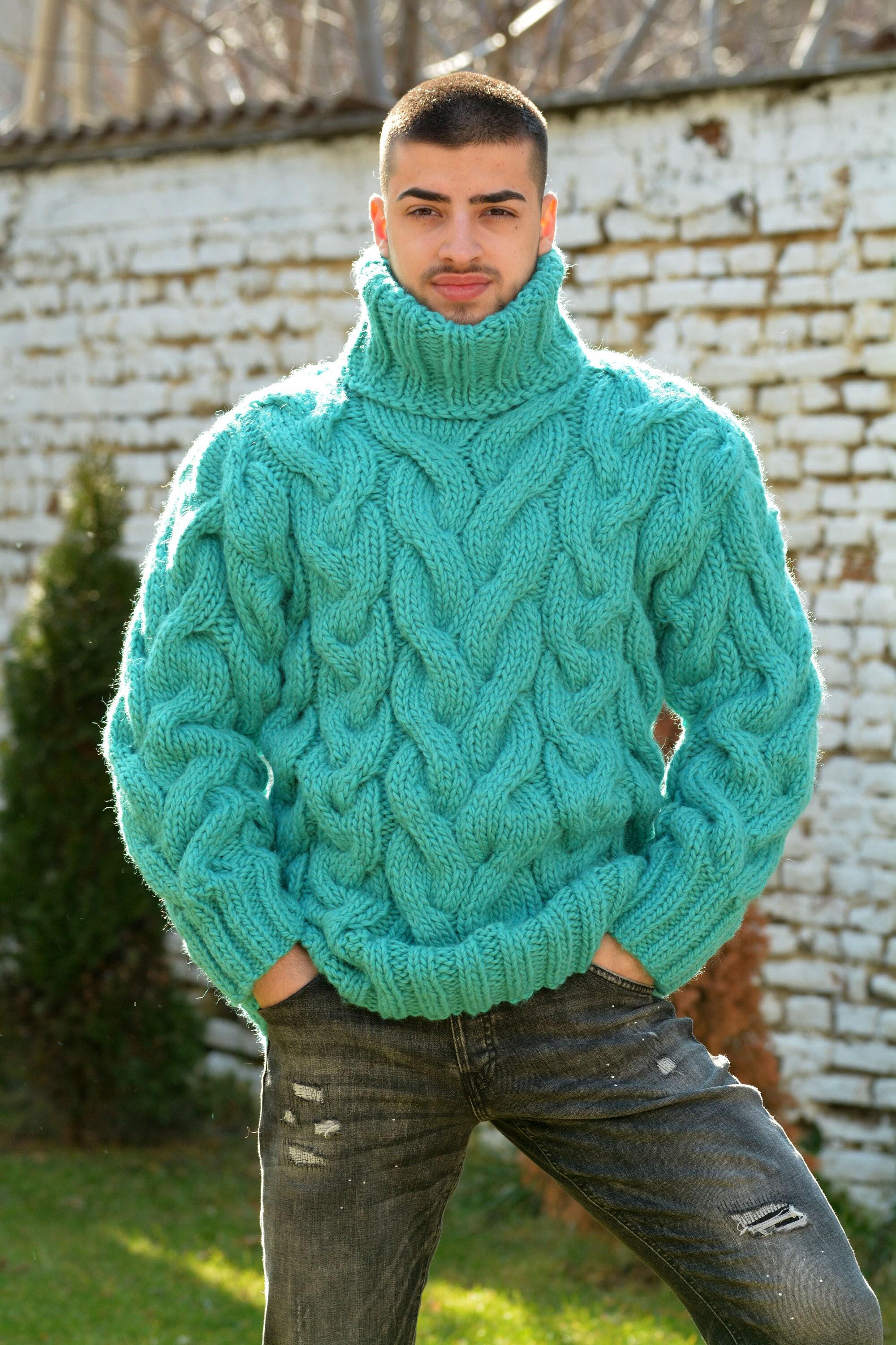 Hand Knitted Wool Sweater, Light Blue Turtleneck, Cable Designer
