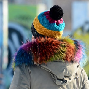 Hand Knitted Hat, Chunky Wool Yellow Black Pom Pom, Multicolor Designer Winter Soft Blue Hat, Warmer by EXTRAVAGANTZA image 3