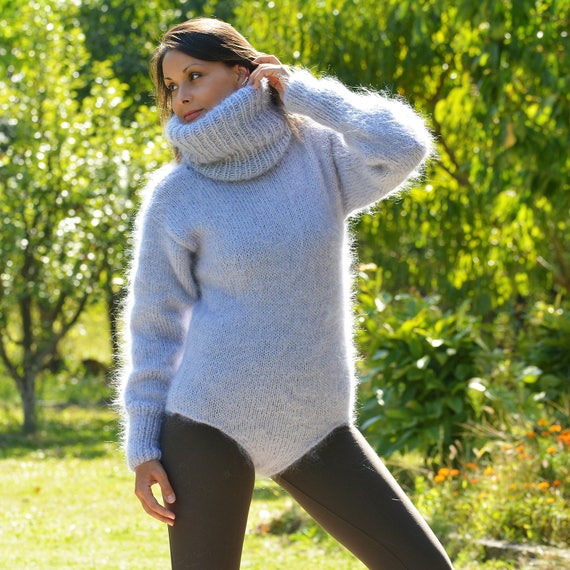 Mohair Bodysuit, Hand Knitted Sweater, Light Gray Fuzzy Grey Pullover by  EXTRAVAGANTZA 