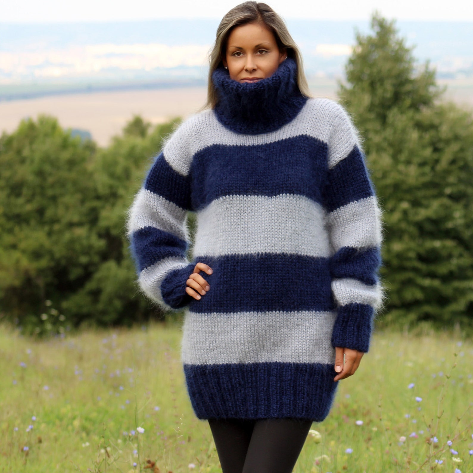 Hand Knitted Mohair Sweater BLUE and Light Blue Stripes Fuzzy Etsy