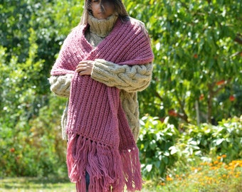 Designer Hand Knitted Scarf 100% Wool Soft Wrap Knit Dark Pink Chunky Soft Warmer Long Winter Shawl by EXTRAVAGANTZA