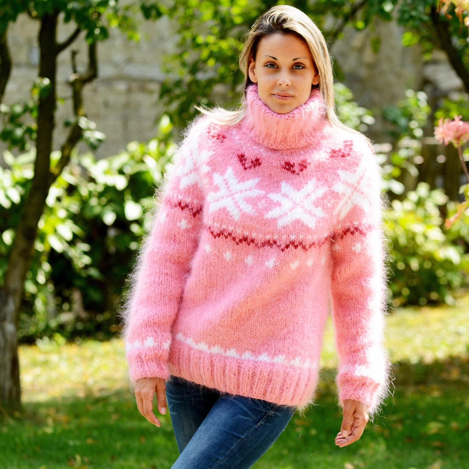 Hand Knitted Mohair Sweater Icelandic Norwegian Pink White - Etsy UK