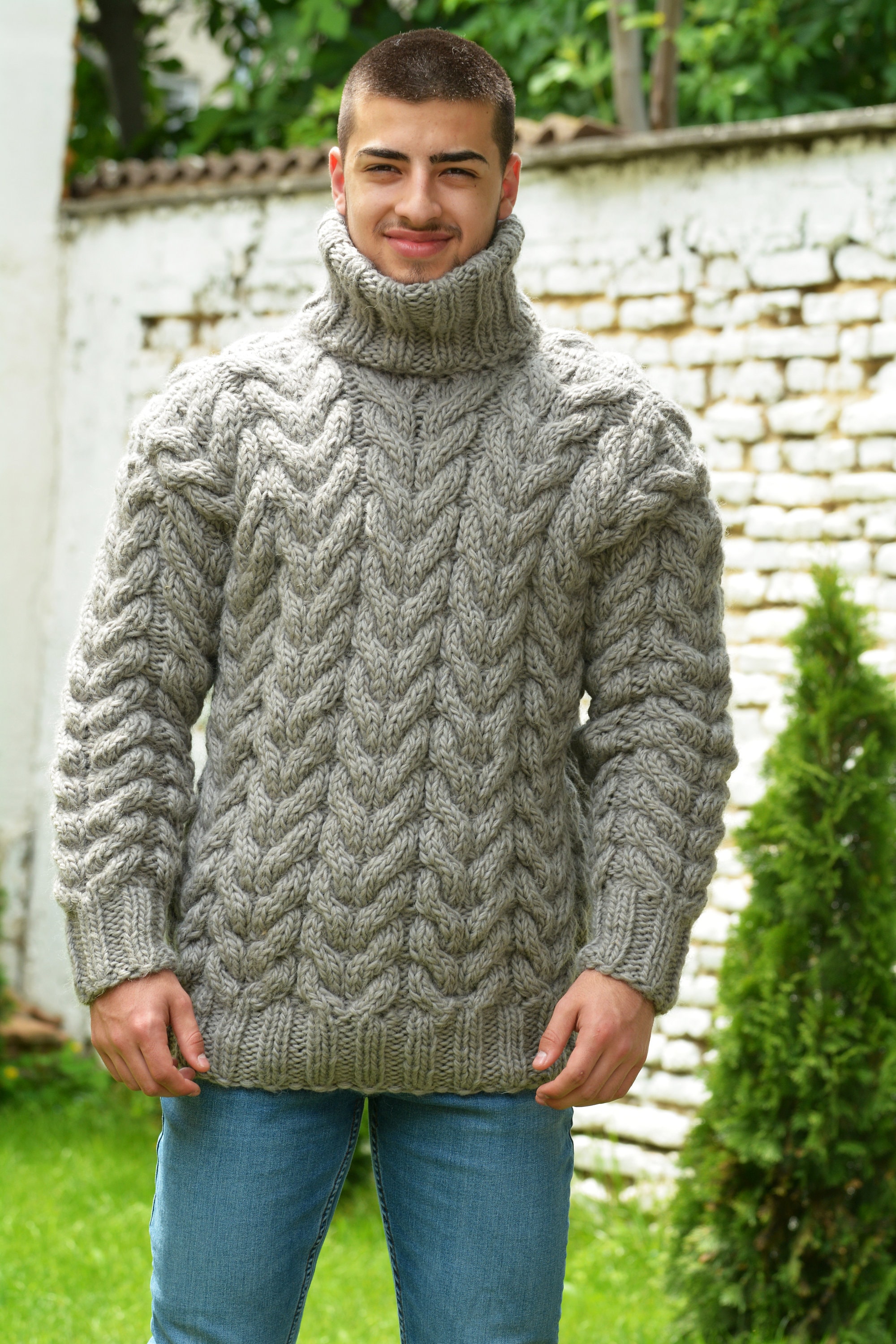 Designer Hand Knitted Wool Sweater Thick Cable Light Grey Mix - Etsy