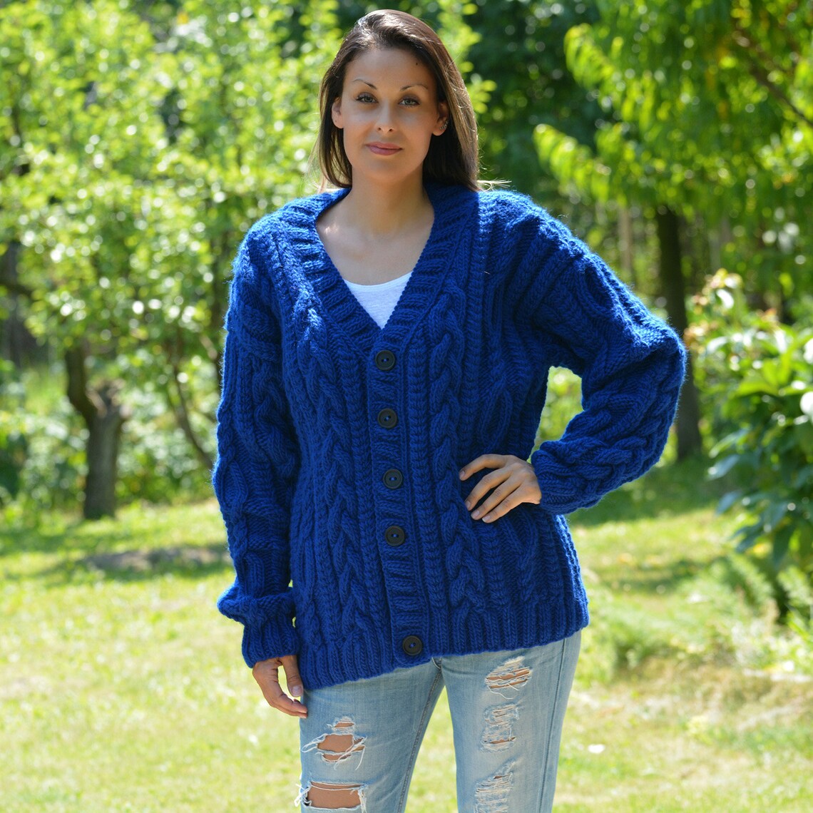 Designer Cable Hand Knitted Wool Royal Blue Cardigan Soft Coat Etsy