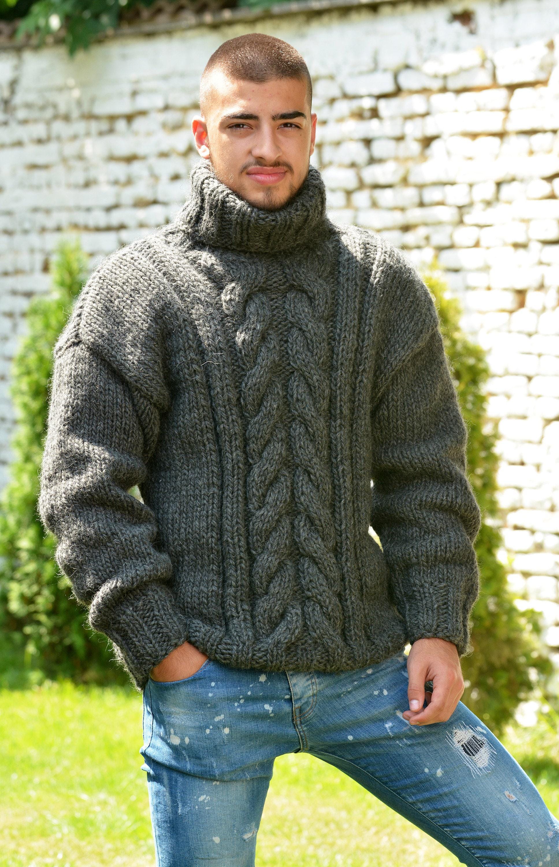 Designer Hand Knitted Wool Sweater, Gray Chunky Jumper, Cable Knit