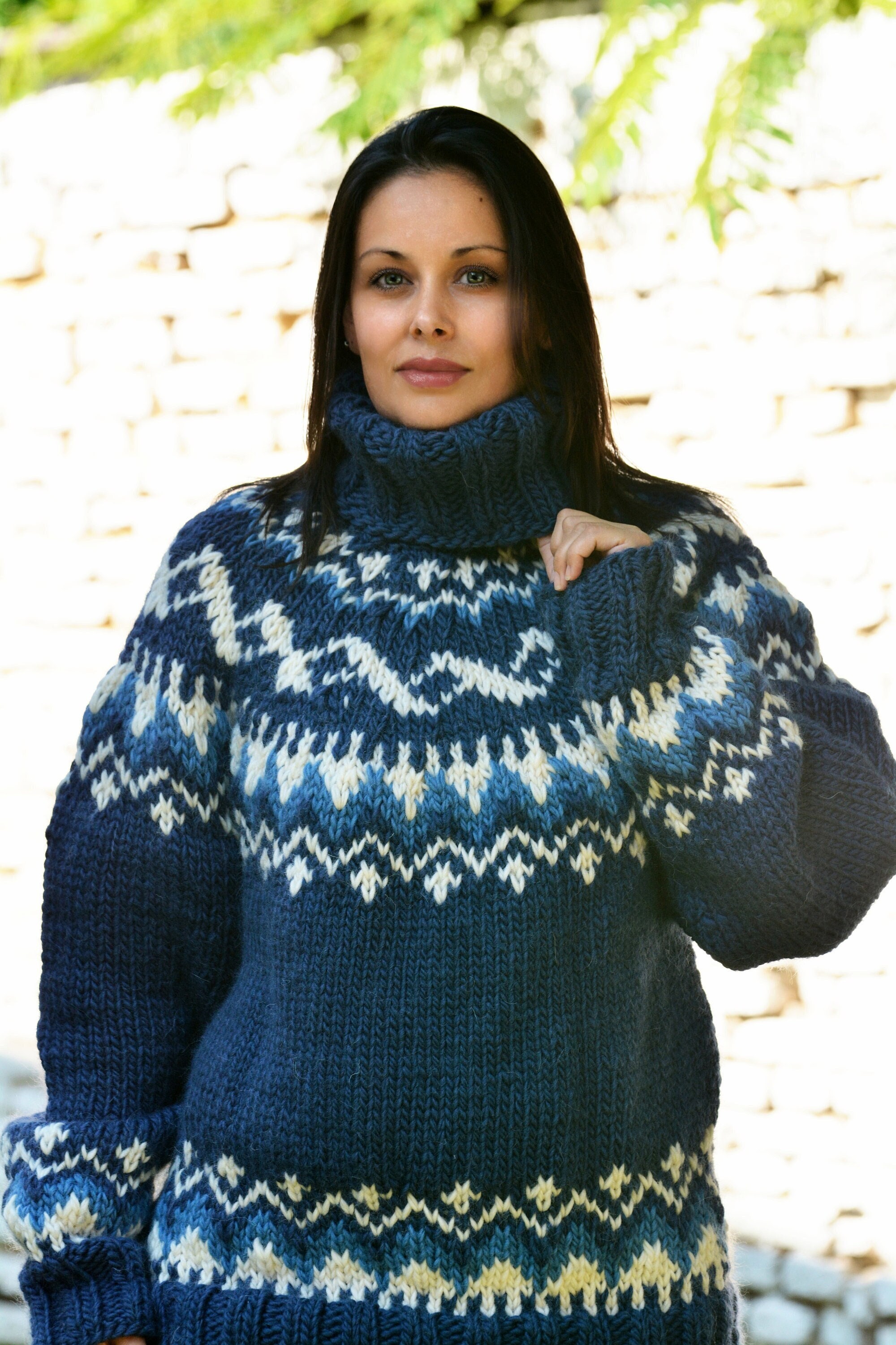 Designer Hand Knitted Wool Sweater Icelandic Turtleneck Norwegian Jumper Nordic Pullover Blue Jersey by EXTRAVAGANTZA