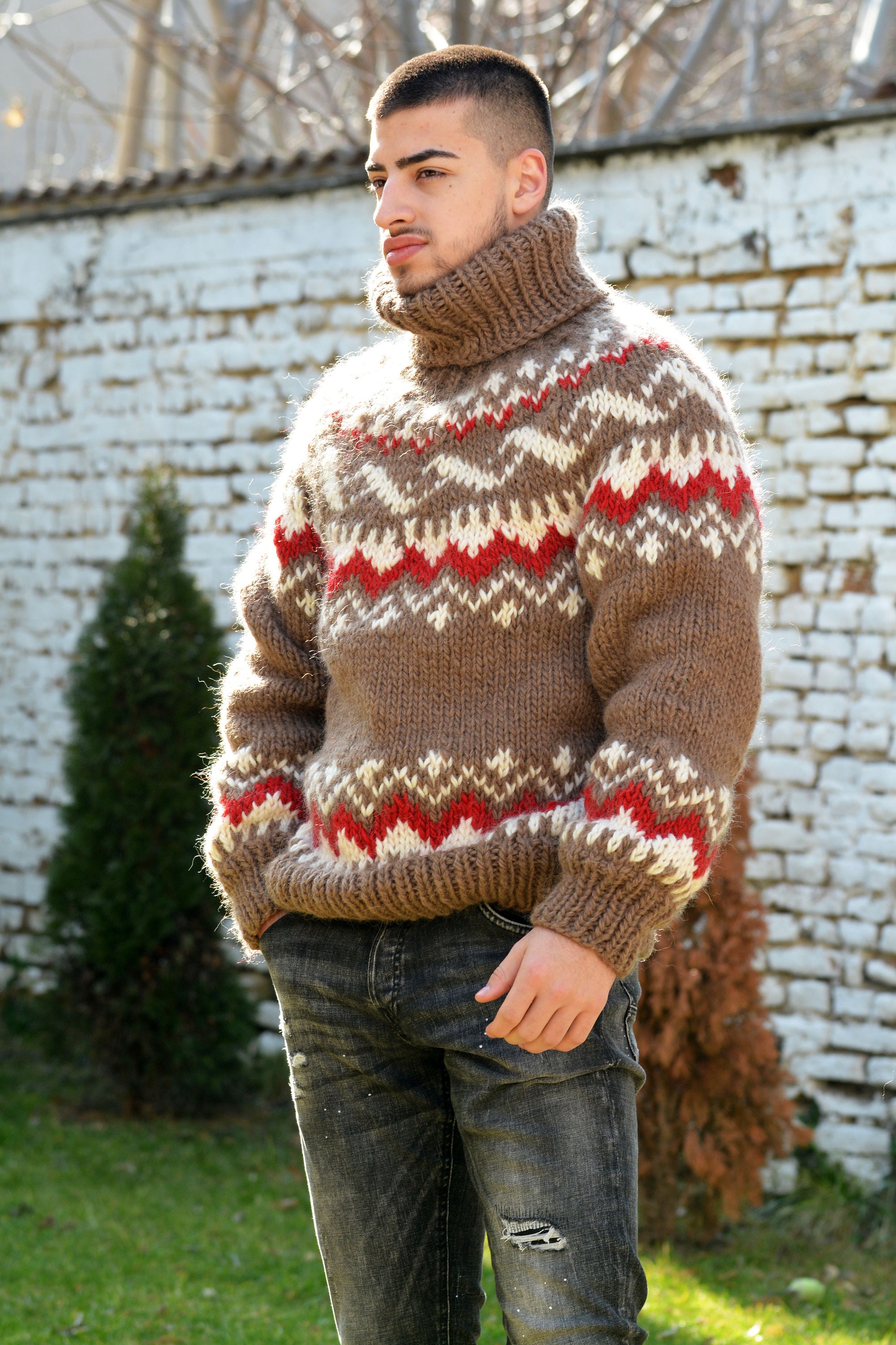 Diseñador suéter de lana de punto a mano cuello alto islandés jersey  noruego jersey nórdico jersey beige por EXTRAVAGANTZA -  México