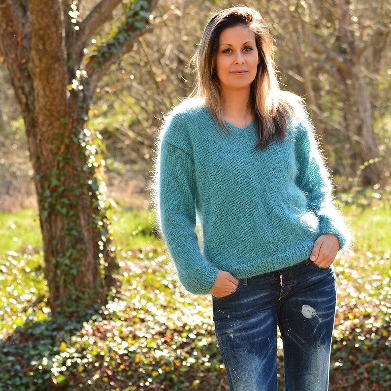 Hand Knit Mohair Sweater Light Blue Fuzzy Crew Neck Jumper Etsy