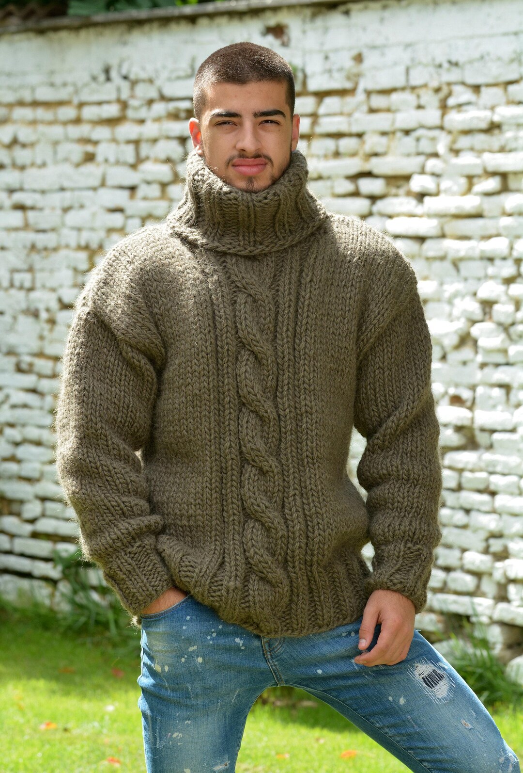 COLE SWEATER Sサイズ Designer Hand Knitted Woool Sweater Beige Brown Chunky Jumper