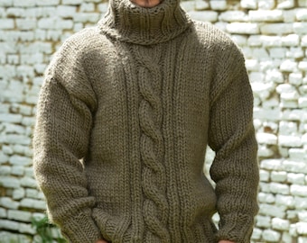 Designer Hand Knitted Woool Sweater Beige Brown Chunky Jumper Cable knit Turtleneck Jersey by Extravagantza