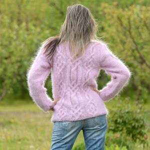 Pink Sweater Hand Knit Mohair Pullover Cable Fuzzy Turtleneck Jumper Jersey by EXTRAVAGANTZA image 3