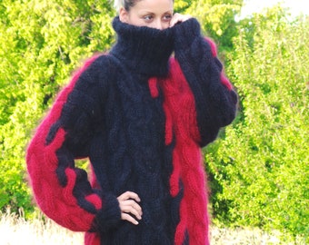 Hand Knitted Mohair Sweater, Black Red Turtleneck Jumper, Cable Jersey, design by EXTRAVAGANTZA