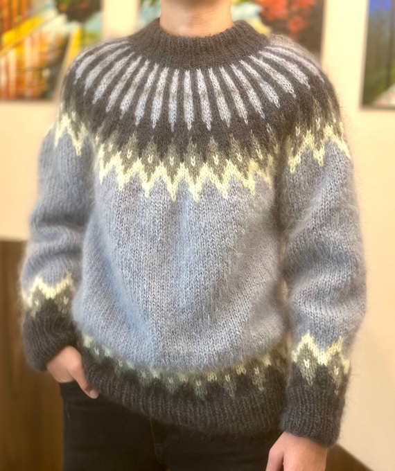 Pull islandais de créateur, pull nordique duveteux, col roulé