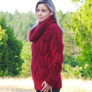 Cable Thick Hand Knit Sweater Mohair Pink Red or Color of your Choice Fuzzy Jumper Turtleneck EXTRAVAGANTZA image 3