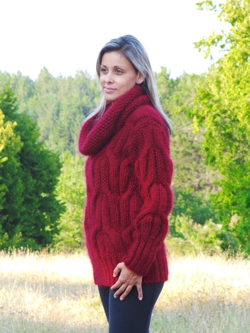 Cable Thick Hand Knit Sweater Mohair Pink Red or Color of your Choice Fuzzy Jumper Turtleneck EXTRAVAGANTZA image 3