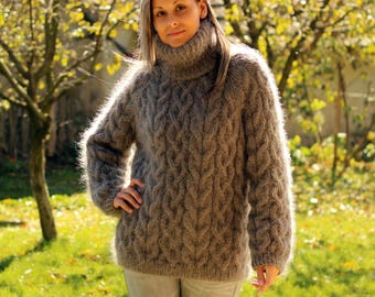 Mohair Sweater, Hand Knit Cable Pullover, Dark Gray Fuzzy Turtleneck Jumper Jersey by Extravagantza