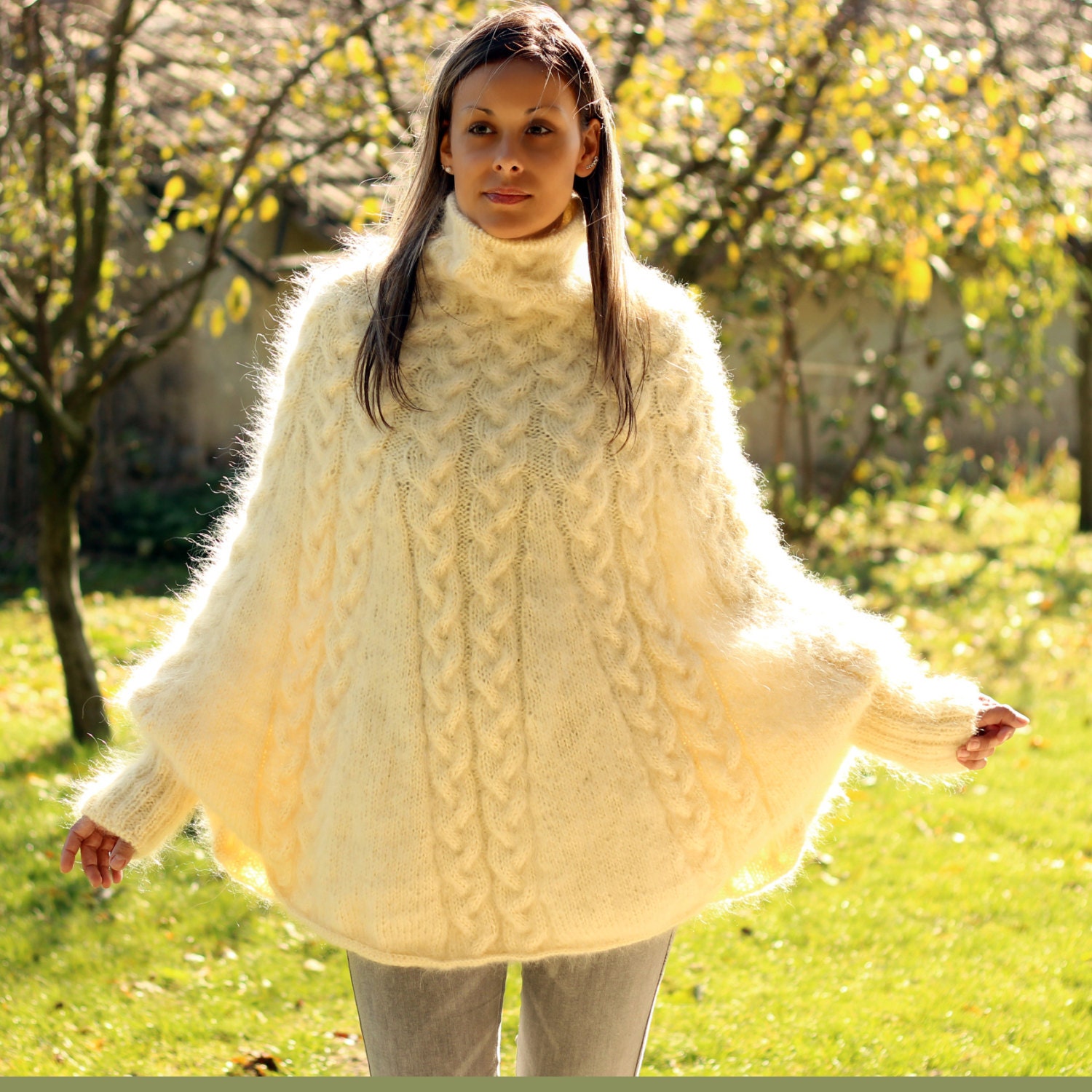 Hand Knitted Mohair Poncho Cable Fuzzy Sweater Turtleneck off - Etsy Denmark
