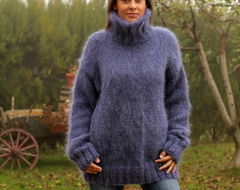 Handgebreide mohair trui denim blauwe fuzzy coltrui trui trui jersey van Extravagantza