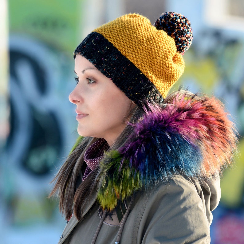Hand Knitted Hat Chunky Wool Pom Pom Yellow Multicolor Designer Black Winter Soft Winter Hat Head Warmer by EXTRAVAGANTZA image 3