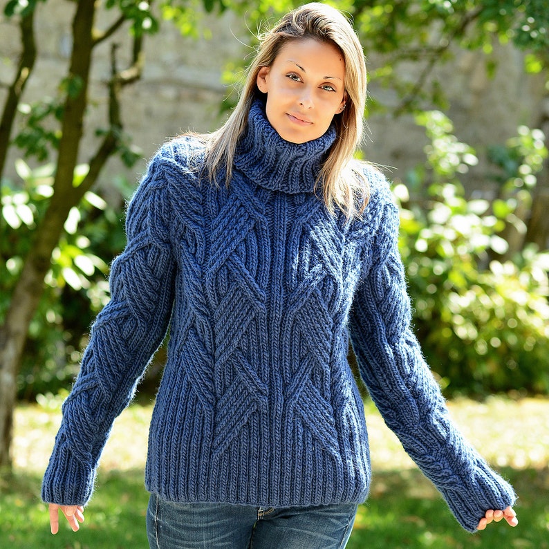 Hand Knitted Pure Wool Sweater Blue Color Soft Turtleneneck - Etsy