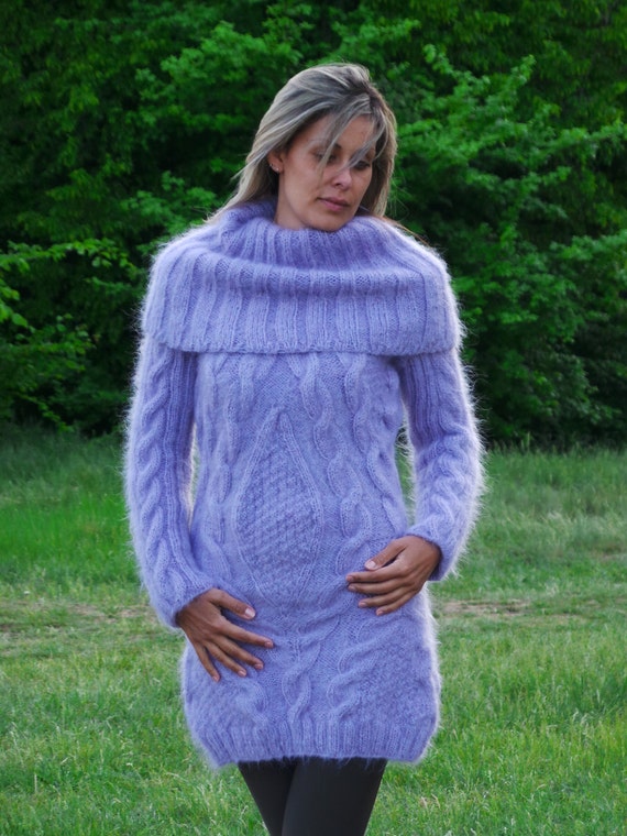Thick Hand Knit Sweater Fuzzy Sexy Mohair Turtleneck Massive Collar Fetish  Cable Dress Fuzzy Jersey Lilac Color -  Canada