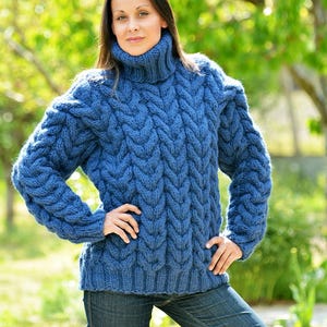 Wool Sweater, Thick Cable pullover, Designer Hand Knitted  Dark Blue Turtleneck Jumper, Denim Jersey by Extravagantza