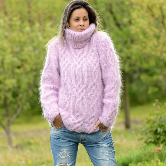 Pink Sweater Hand Knit Mohair Pullover Cable Fuzzy Turtleneck Jumper Jersey by EXTRAVAGANTZA