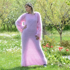 Hand Knit Mohair Dress, Designer Slochy Fetish Sweater, Fuzzy PINK Sweater, Plus Size Boho Gown by Extravagantza