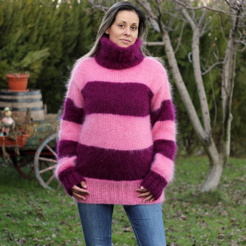 Hand Knit Mohair Sweater PINK LILAC Fuzzy Turtleneck Jumper | Etsy