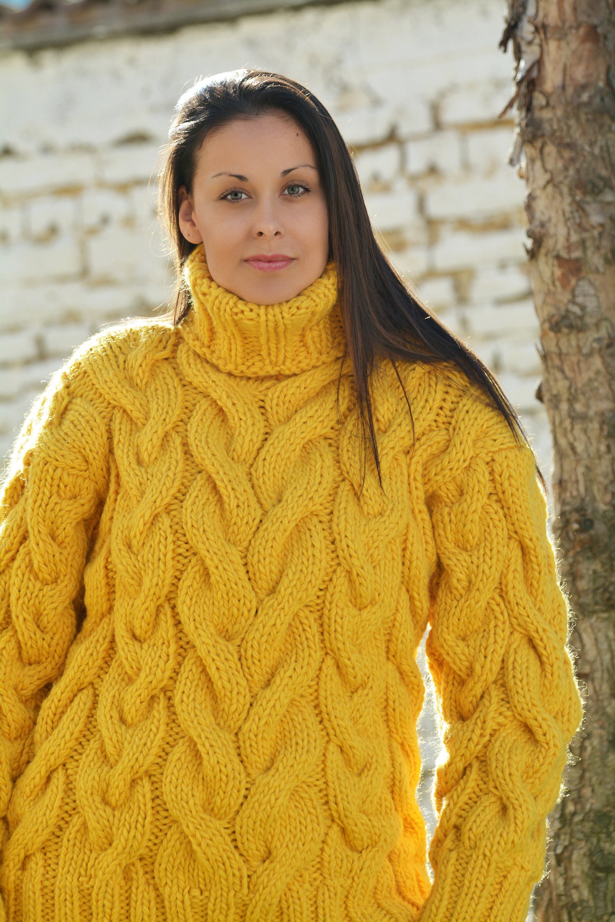 Wool Sweater Turtleneck Pullover Designer Cable Hand Knitted