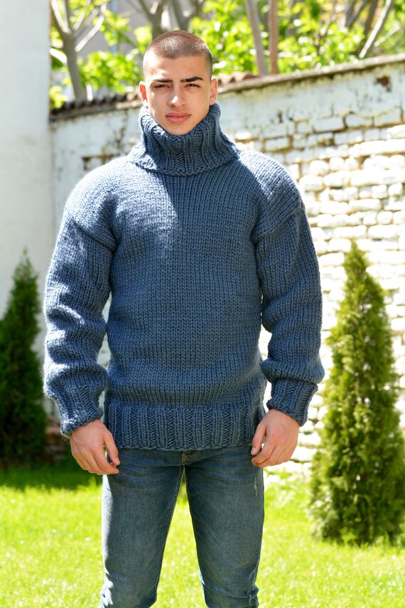 Hand Knitted Pure Wool Sweater Denim Blue Soft Turtleneck Jumper Pullover Jersey by EXTRAVAGANTZA Etsy Canada