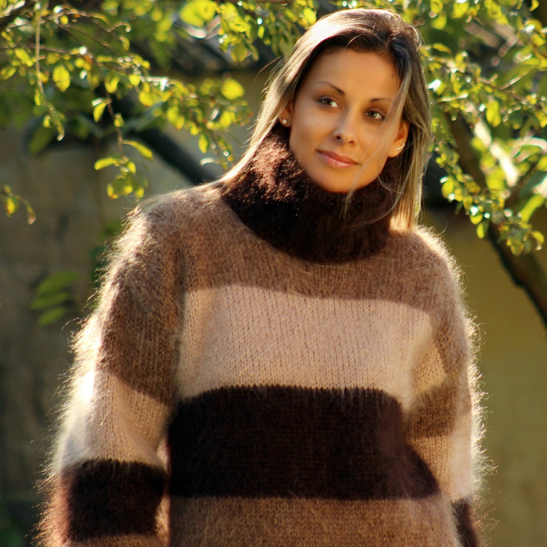 Hand Knit Mohair Sweater BROWN Stripes Fuzzy Turtleneck Jumper - Etsy