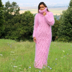 Hand Knitted Mohair Pink Dress Fuzzy Cable Sweater Dress for her Fetish Gown Mohair T-neck dress Long Turtleneck Sweater by Extravagantza
